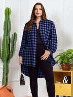 Plus Size, Women's Plus Size Elegant Black Checkered Lantern Sleeve Soft Breathable Vintage Street Style Casual Shirt Jacket - Blue