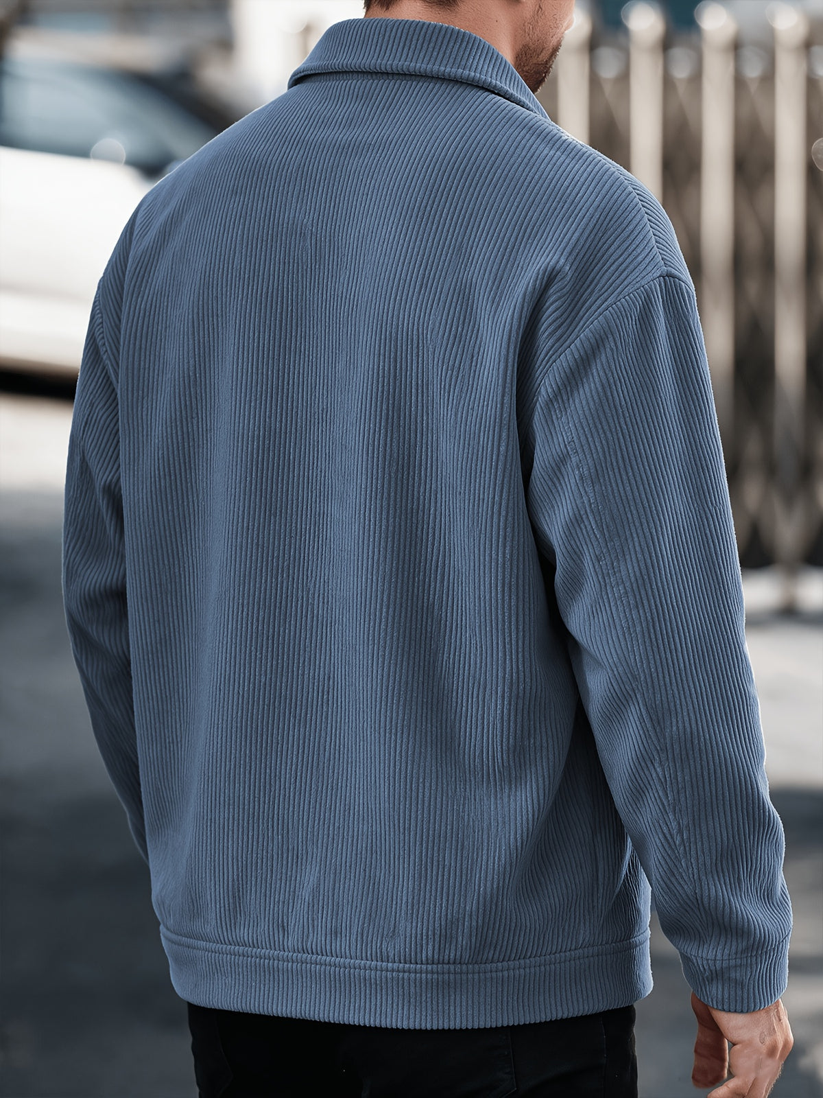 Men's American-style Corduroy Casual Jacket, Simple Casual Style, Lapel Collar, Single-Breasted with Multiple Pockets, Letter Embellishment, Comfortable Draping Fabric, Versatile Men's Apparel for Office Workers' Commuting and Outings in Spring - Haze Blue