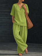 Women's Summer Casual 2pcs Set: Loose V-Neck Top + Wide-Leg Pants - Olive