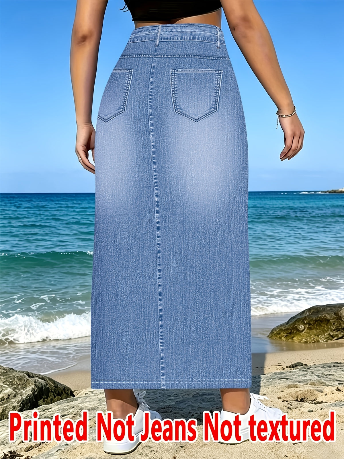 [Printed Skirt - Not Denim Fabric]Non-Denim Fabric, Denim Print Spring/Summer New Women'S Non-Denim Fabric Non-Denim Printed Skirt High Waist Casual Versatile Skirt - Imitation Denim Print Blue