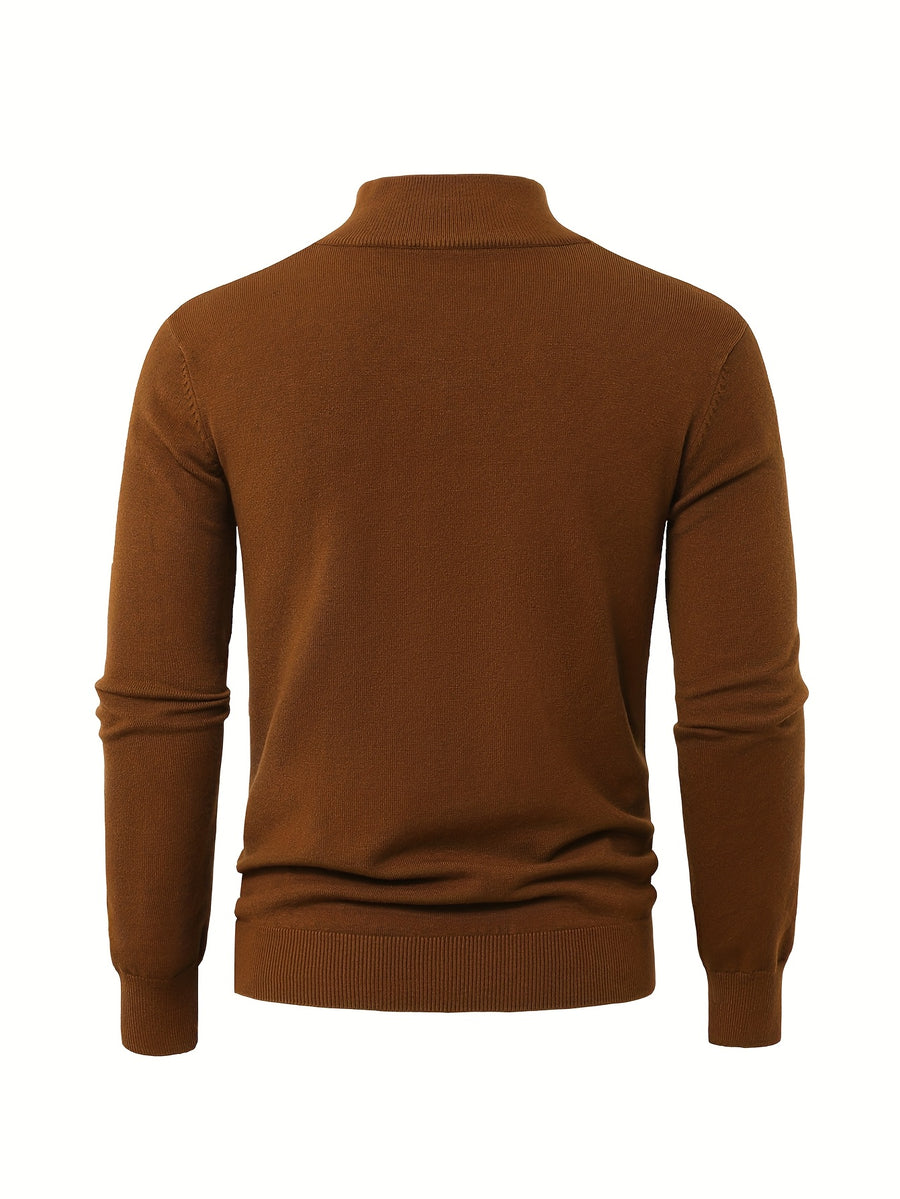 2025 New Men's Casual Solid Color Knit Zip-Front Sweater - Thickened Warm Top - Fashionable Minimalist Style with Medium Stretch for Daily Comfort, Men's Essential Cold-Weather Item, High-Quality Autumn/Winter Fashionable and Mature Pullover - Coffee Color