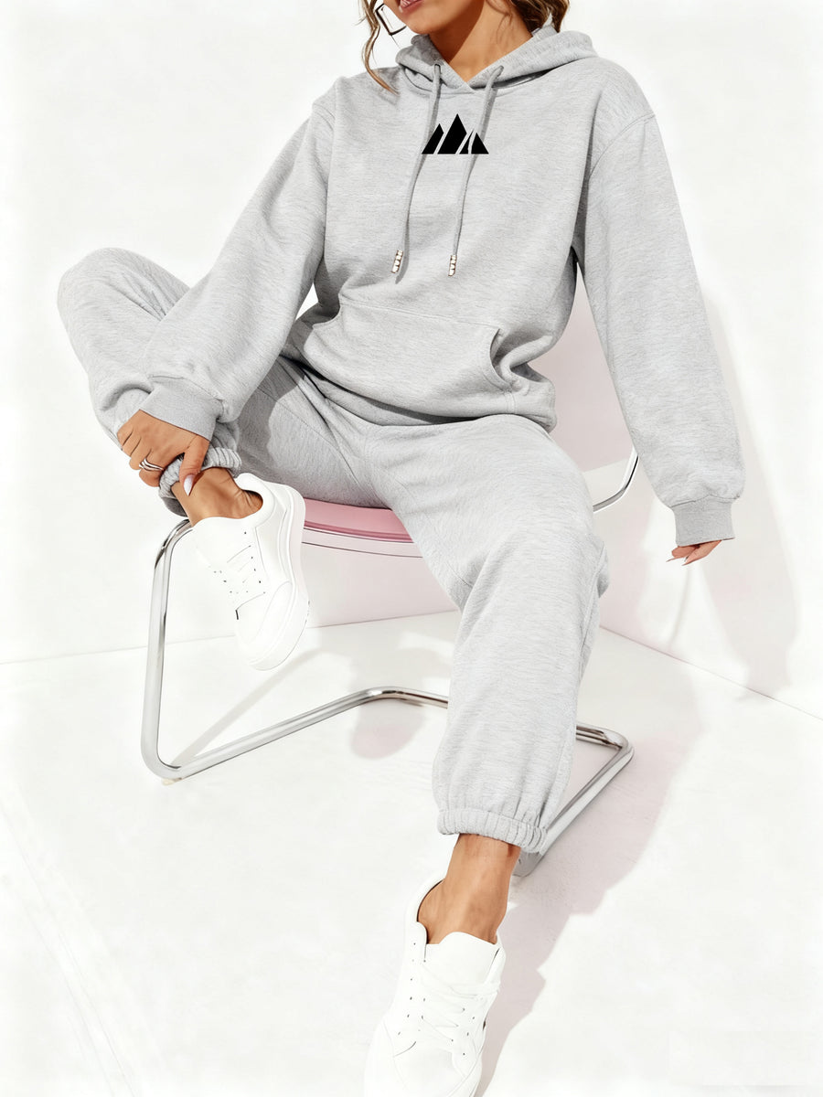 Women'S Clothing Slogan Trendy Fashion Pattern Printed Drop-Shoulder Casual Hooded Pullover Sweatshirt with Drawstring Casual Sweatpants for Parties, Back-To- Autumn And Winter Two-Piece Set - Light Grey