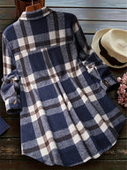 Fashion Women's Plaid Casual Shirt Jacket - Navy Color
