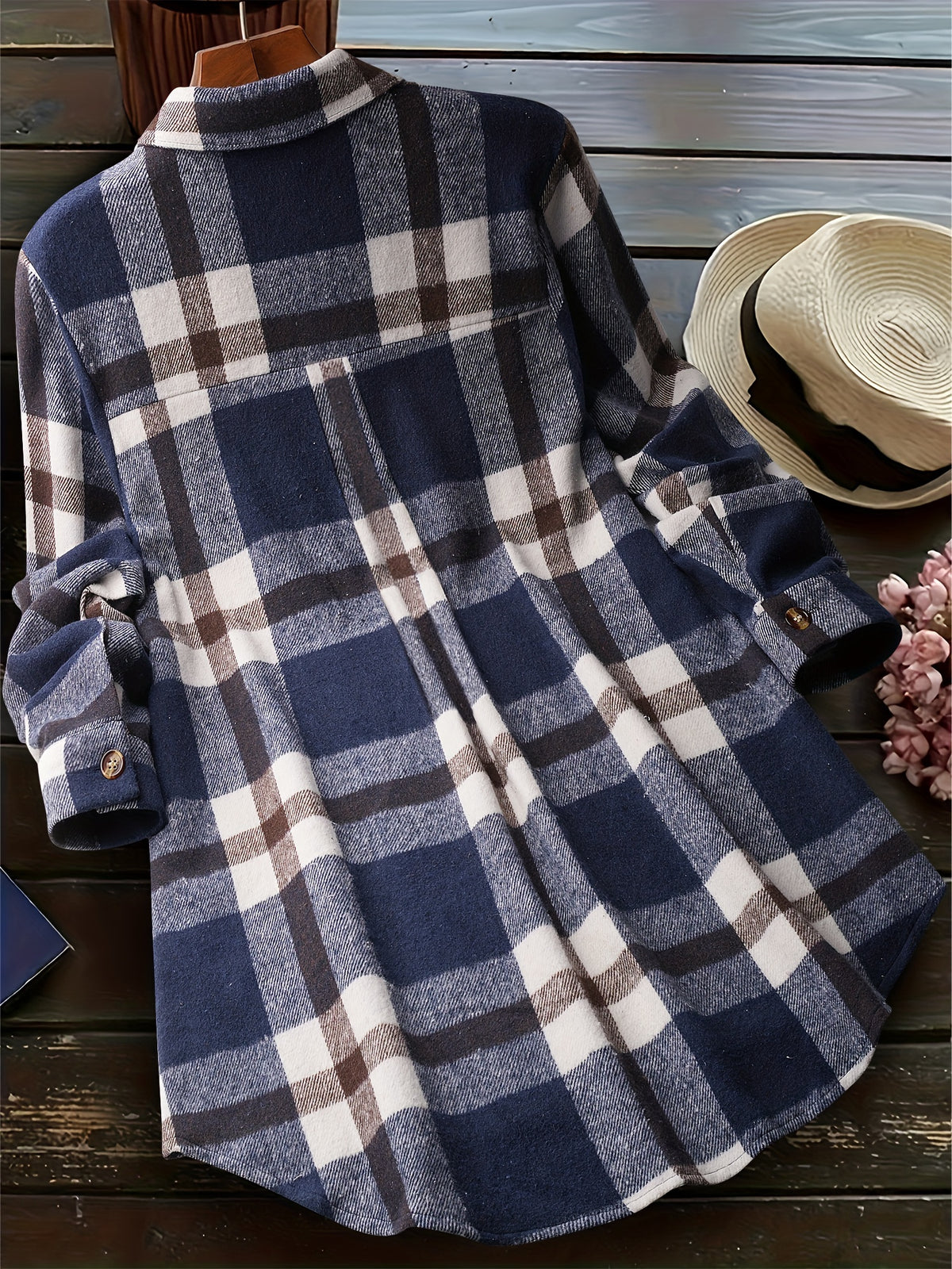 Fashion Women's Plaid Casual Shirt Jacket - Navy Color