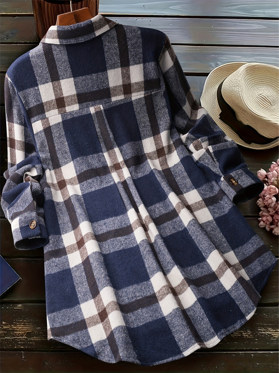 Fashion Women's Plaid Casual Shirt Jacket - Navy Color