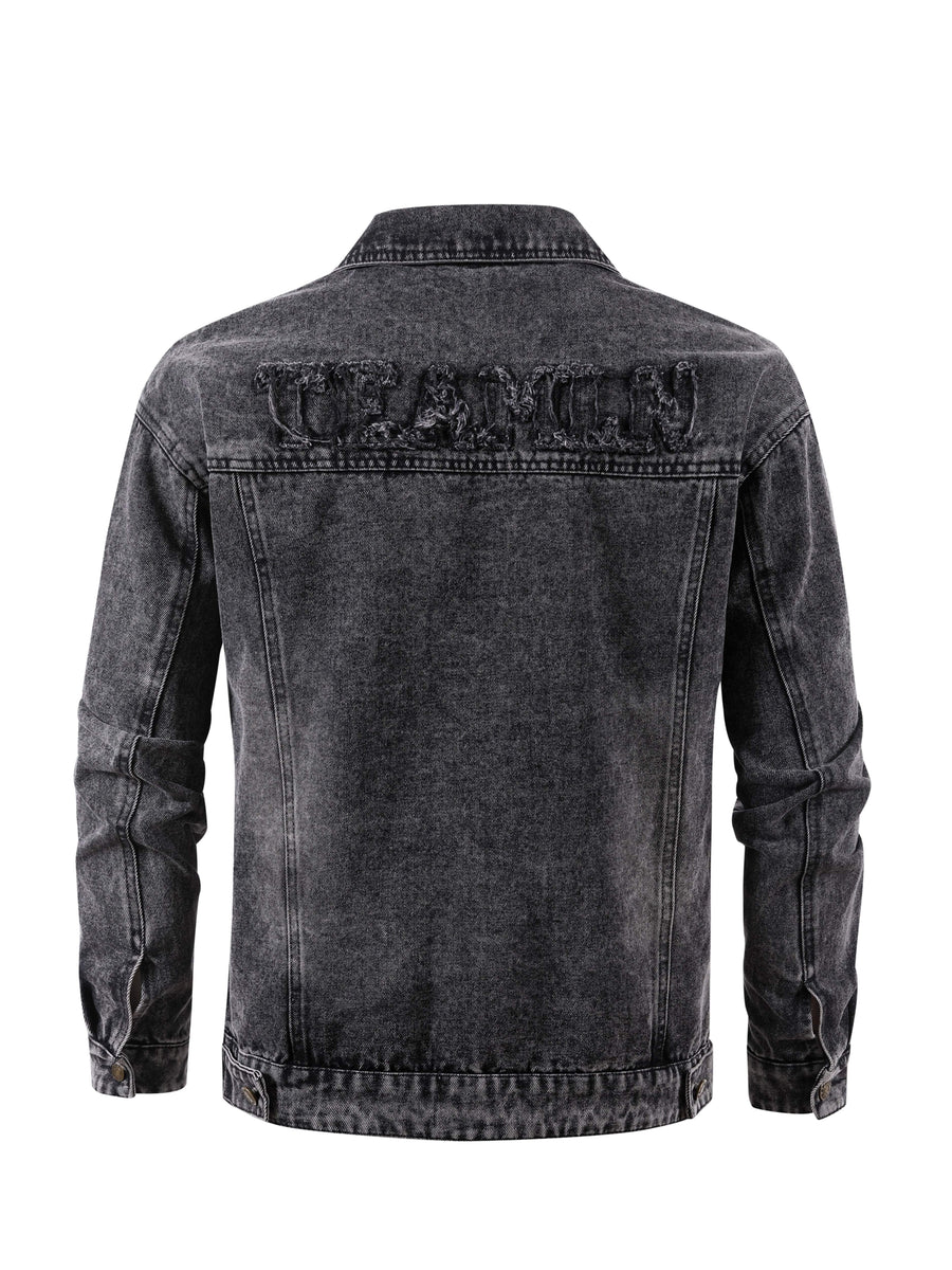 Men's Vintage Washed Denim Jacket Oversized Lapel Button Casual Trucker Coat Loose Fit Classic Jean Outerwear for European Sizes - Black Gray