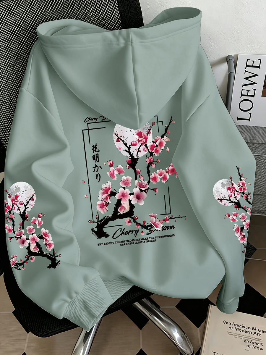 Women'S Fashion Cherry Blossom And Letter Print Casual Hooded Sweatshirt - Light Green