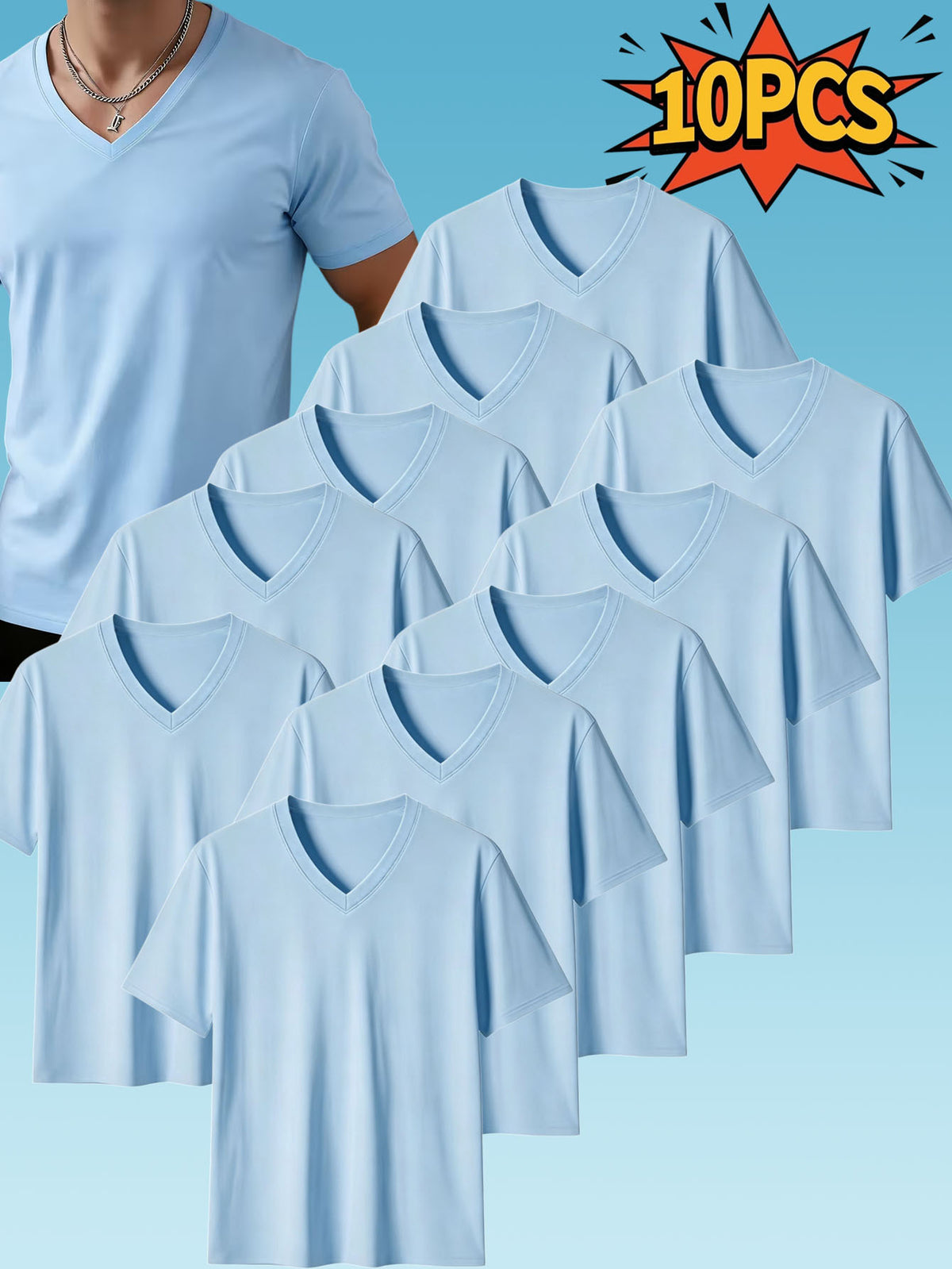 10pcs Men's Casual Knit Ribbed V-Neck T-Shirt / Soft and Comfortable Fabric / Short Sleeve / Solid Color / Crew Neck / Back-to-School Season, Casual Sporty Design Multi-pc Tops, Suitable for Summer Daily Wear - 10 pieces, sky blue