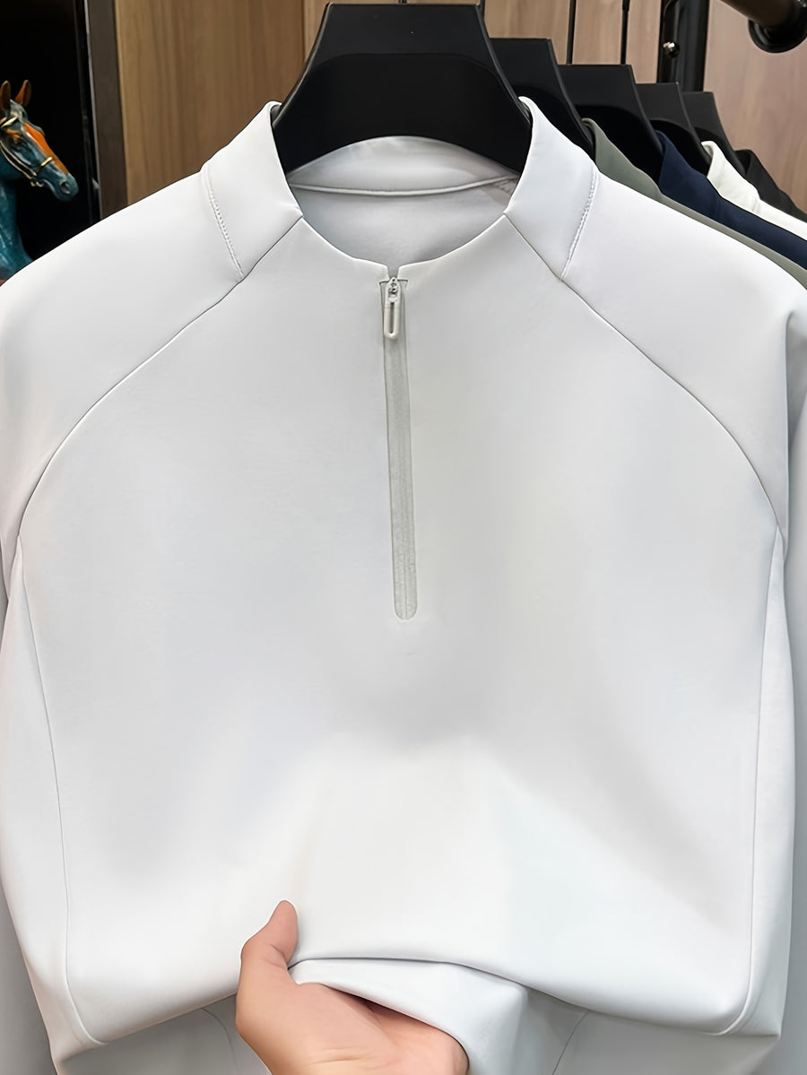 Men's Half-Zip Stand Collar Long-Sleeve Base Layer Shirt, Half-Zip Stand Collar Design, Simple and Professional, Adjustable Neckline Opening. -SINBOS - Beige gray