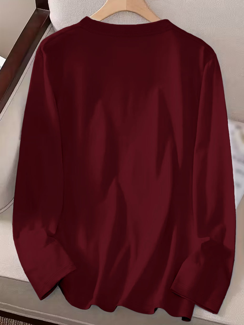 Women'S 100% Solid Color Long Sleeve T-Shirt, Round Neck, Comfortable Casual Wear for Everyday Use - Burgundy