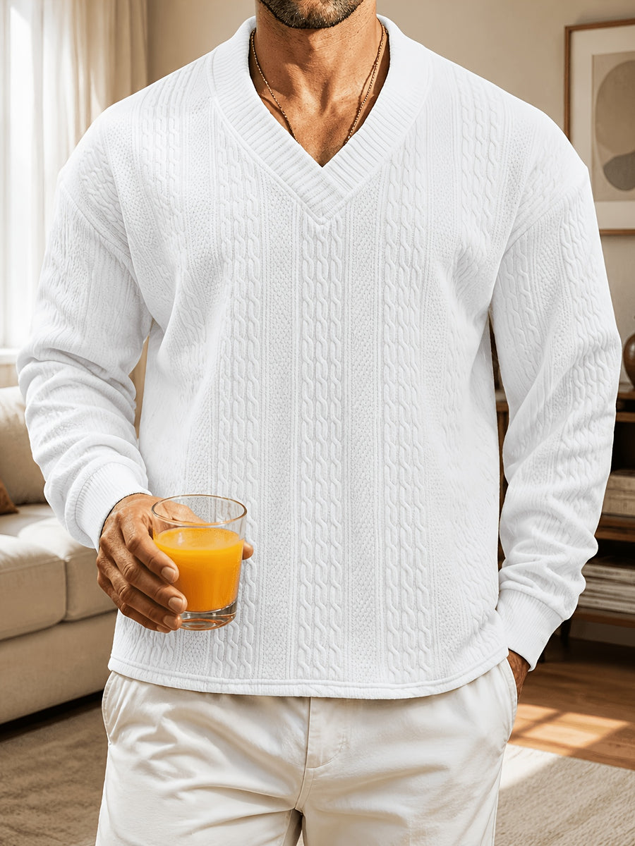 Fall Winter Men'S Casual Cable Knit Pullover, V-Neck Long Sleeve Textured Sweater with Ribbed Neckline, Cuffs, And Hem, Relaxed Everyday Top for Business Casual, Weekend, Dinner, Vacation, Travel, And Outdoor Walks - White