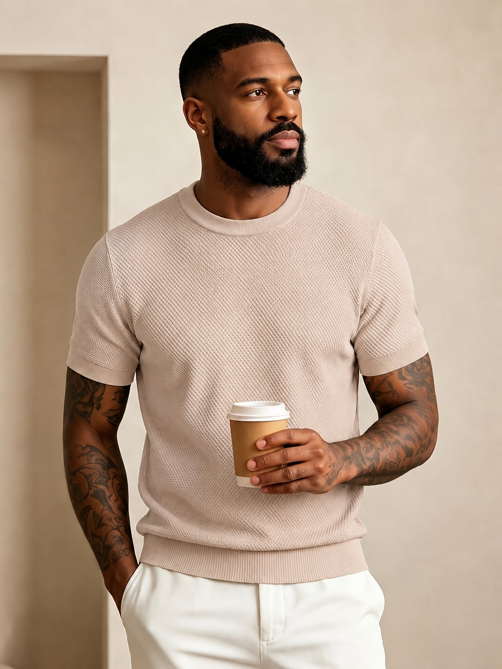 Men'S Easy Casual Short-Sleeve Knit Top, Made of Pure with Fine Mesh Texture, Skin-Friendly And Breathable, Relaxed Casual Style, Classic Versatile Design with Exquisite Details, Solid Color for a Warm And Easy Look - Khaki