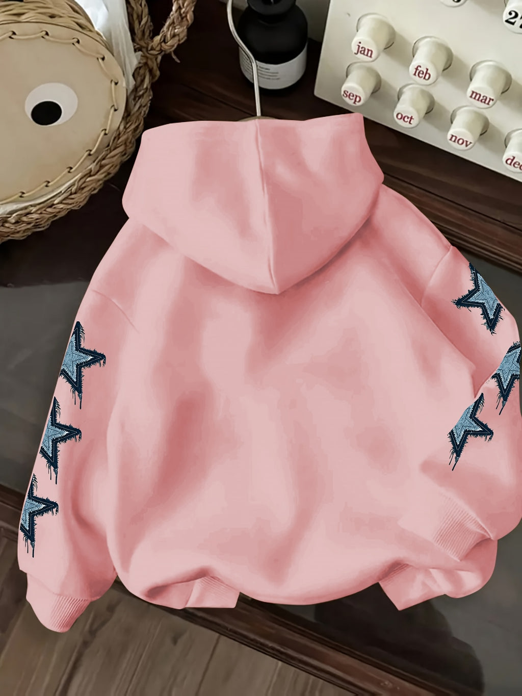 Vintage Denim Fringe Star Hooded Sweatshirt with All-Over Five-Pointed Star Print, a Versatile Casual Hoodie Top for Spring and Autumn - Pink Color