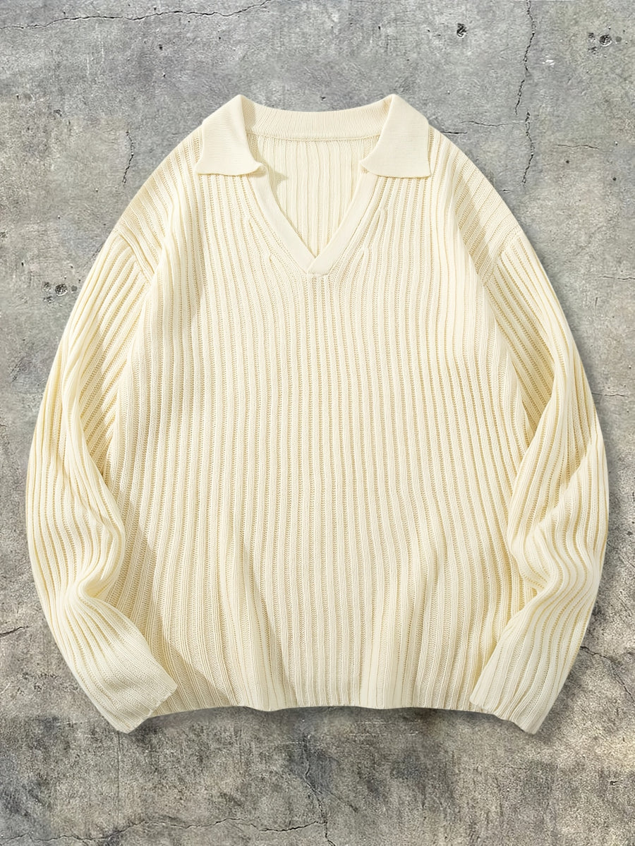 Men's New Autumn/Winter Casual Loose-Fit Minimalist Solid Color Ribbed Korean-Style Versatile Commuting Daily Fabric Long-Sleeve Polo Collar Pullover Top - Apricot