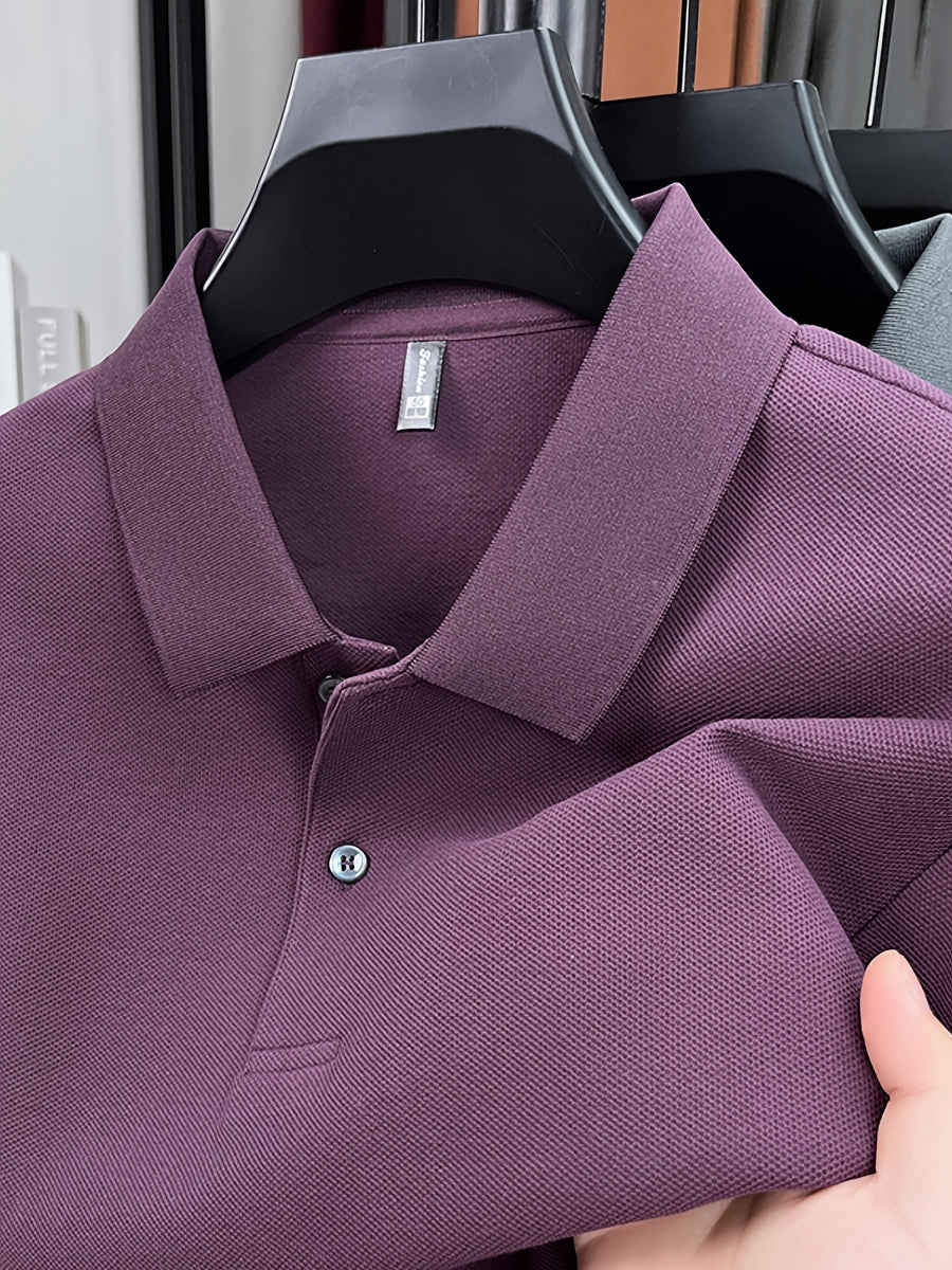 Spring and Autumn Men's Lapel Polo Shirt, Fashionable Solid Color Base Layer Top, Versatile Business Casual Long Sleeve T-Shirt, Suitable for Daily Work Scenes, The Best Gift for Friends and Relatives - Fuchsia