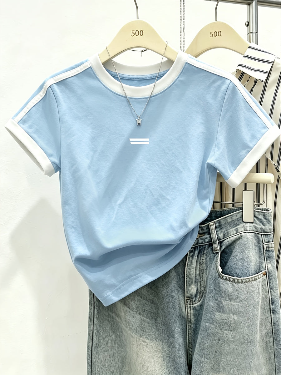 Women's Regular Shoulder-to-shoulder Fit, Round Neck, Color-blocked, Slim-fit, Simple Line Pattern Print, Trendy Niche, Casual, Minimalist, Y Short-sleeve T-shirt Top - Light Blue