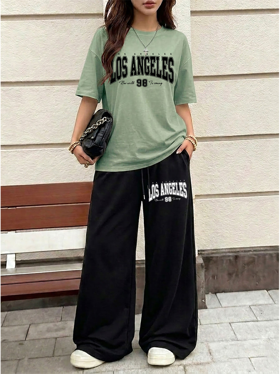 Women's Casual Streetwear Trend Los Angeles 98 Print Crew Neck Short Sleeve Top and Loose Drawstring Long Pants 2pcs Set, Women's Fashion Outfit, Suitable for Summer Streetwear - Green+Black
