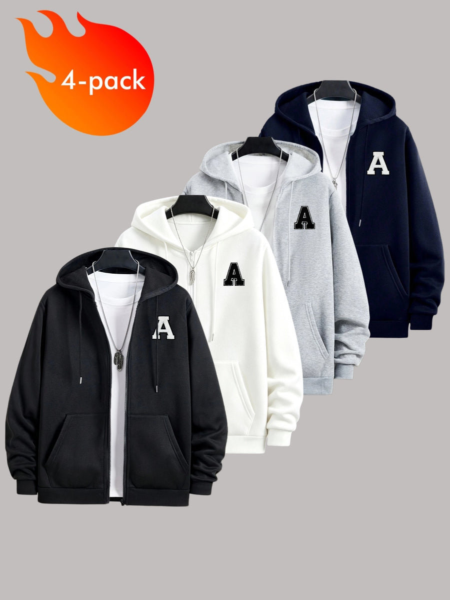 50% Cotton, 50% Polyester, 4pcs Men's Zippered Hooded -Lined Sweatshirt, Men's Apparel, Long-Sleeve Jacket, Zippered Top, Hooded Sweatshirt, Pockets, Drawstring, Suitable for Outings, Casual Wear, Back-to-School Season, Gift for Boyfriend - Black+white+light Gray+navy Blue