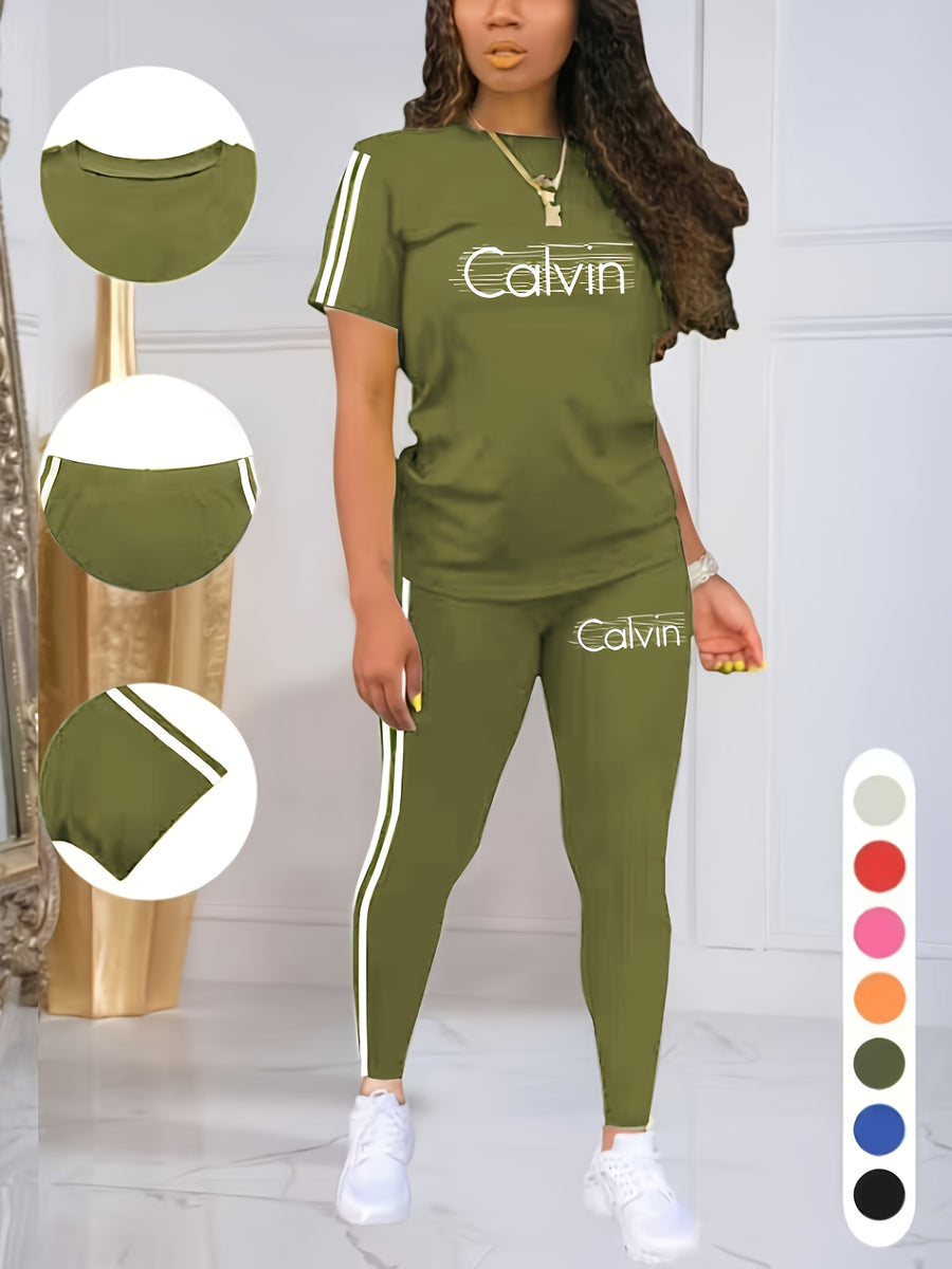 Women'S Casual Two-Piece Set with Round Neck And Short Sleeves Featuring Printed Letters - Army Green