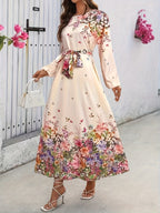 Diamond Rose Long Sleeve Round Neck Dress - Off-white
