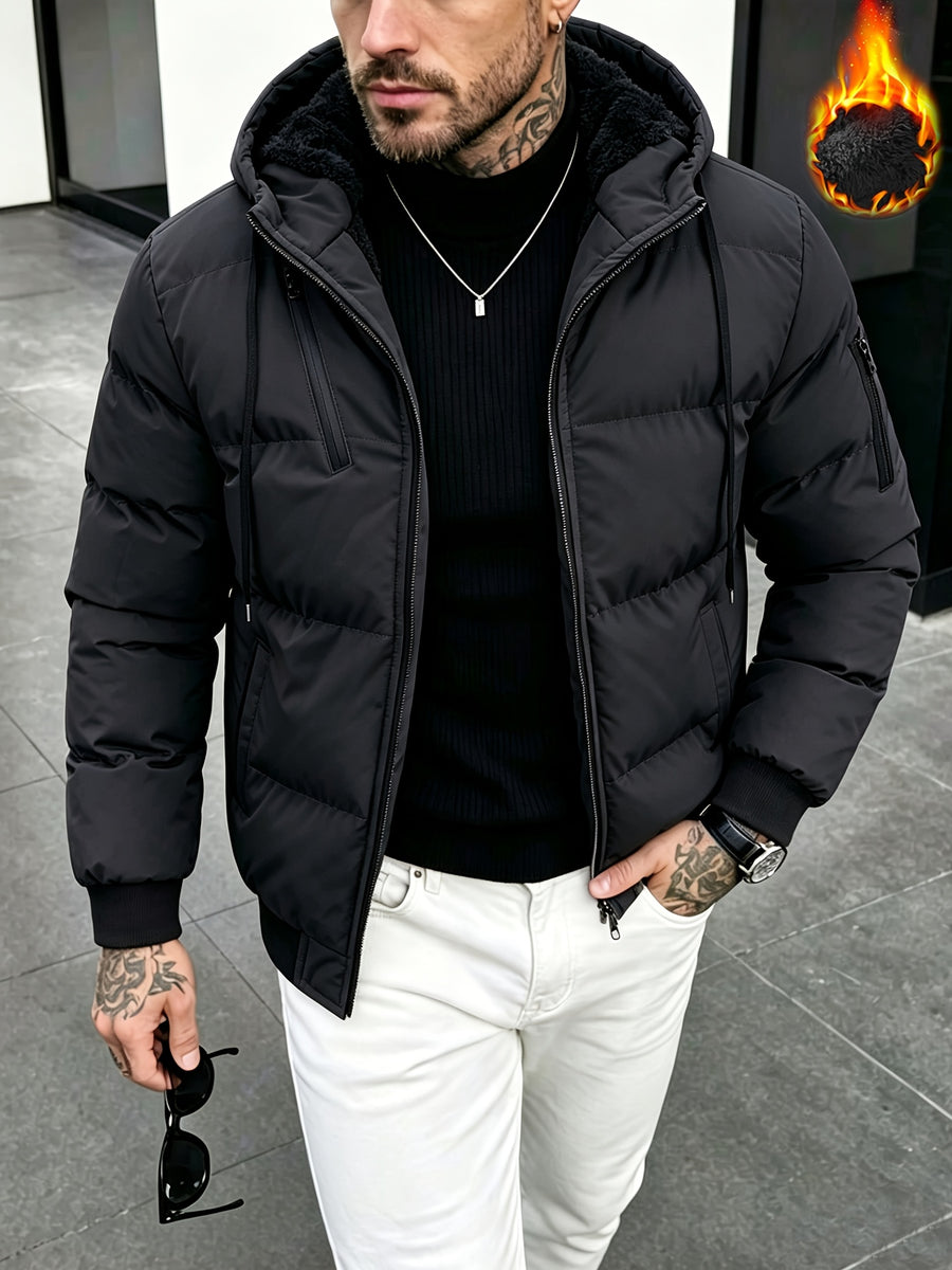 New Winter Plush-Lined Padded Coat for Men, Loose Fit Outerwear with Chest Zipper, Trendy and Fashionable Hooded Thickened Youth Padded Coat, Casual Padded Jacket for Men - Black