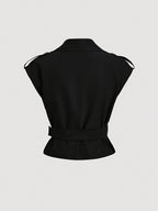 Black Lapel-tie Short Trench Coat, Vintage Jacket, Holiday Wear - Black