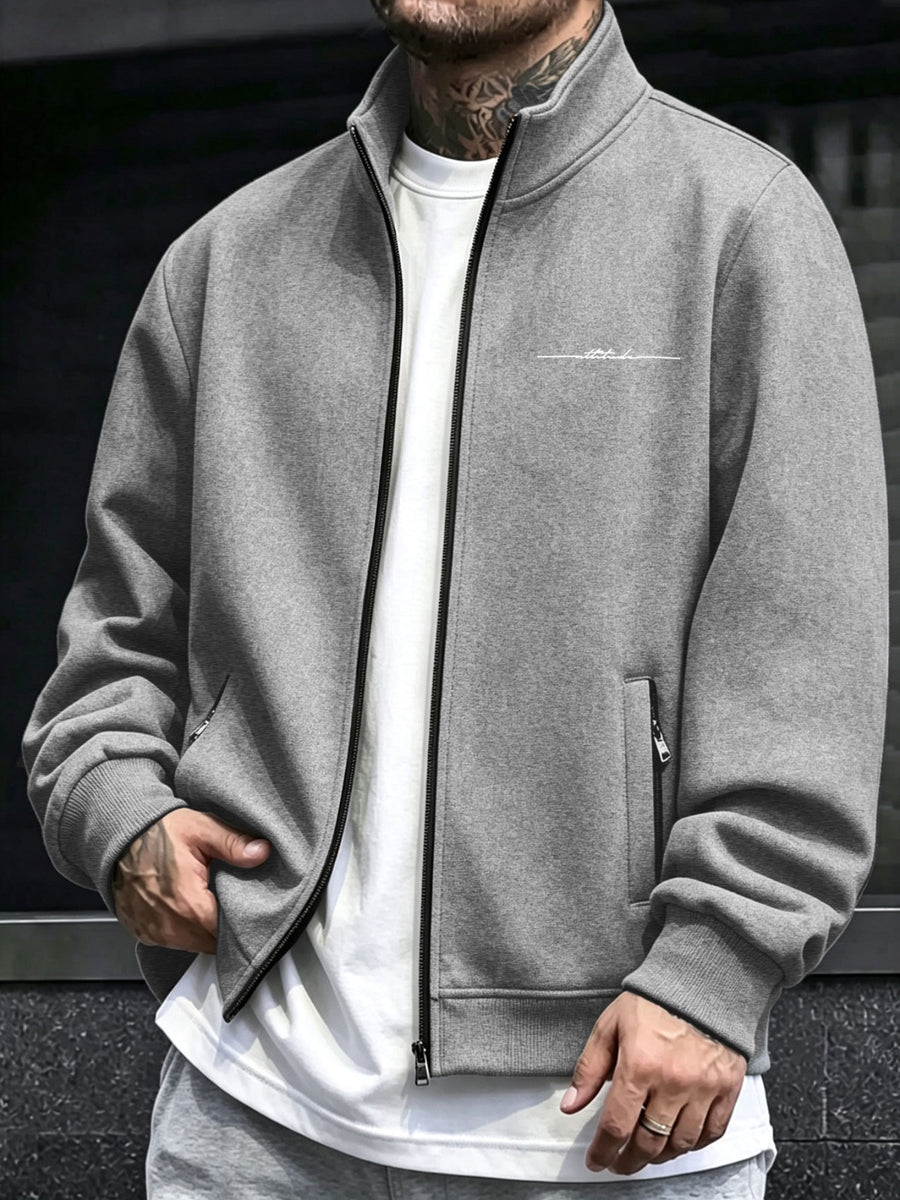 Jacket Men'S Stand Collar Multi-Scene Wear Western Easy Long Sleeve Spring Autumn Anti-Wrinkle Pure Ribbed Zipper Pocket Full Zipper Closure Sports Casual Cardigan Coat - Light Grey