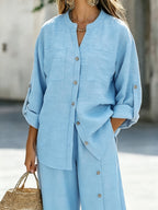 Spring/Summer Loose-Fit Shirt and Wide-Leg Pants 2pcs Set for Women, with Lace Cut-Out Back Design, a Lazy, Casual, and Commuter-Friendly Temperament Set 2A11794 - Light Blue