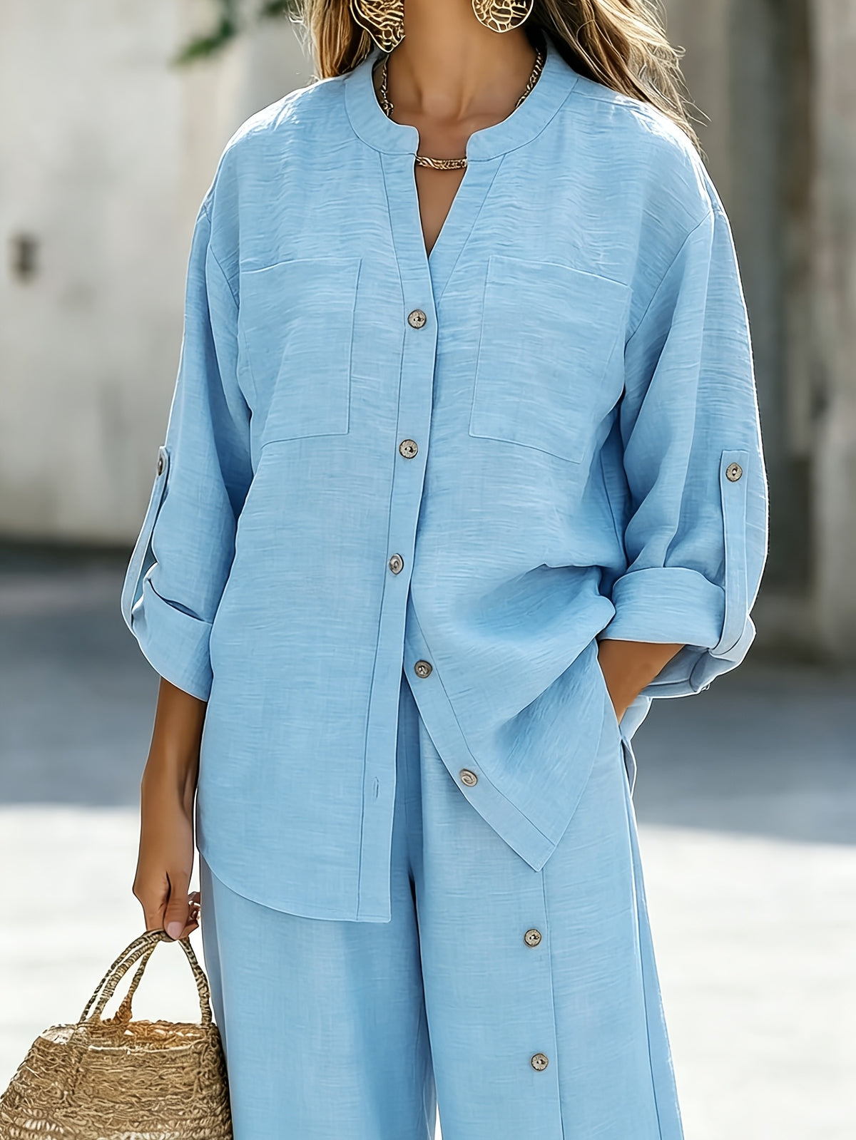 Spring/Summer Loose-Fit Shirt and Wide-Leg Pants 2pcs Set for Women, with Lace Cut-Out Back Design, a Lazy, Casual, and Commuter-Friendly Temperament Set 2A11794 - Light Blue