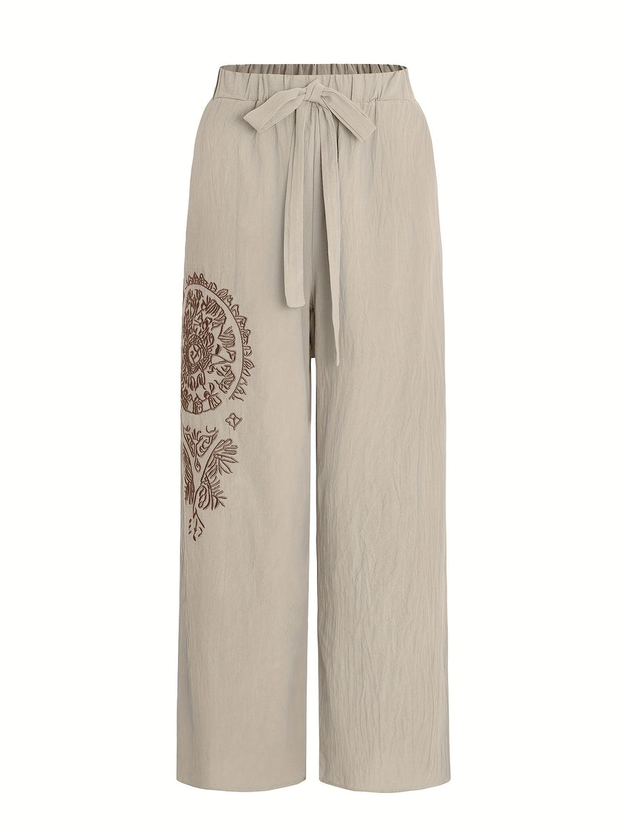 Elegant Special Wide-Leg Pants, Embroidered, Simple, Casual, Wide-Leg, Spring/Autumn, Women's Trousers "YT - Off-white