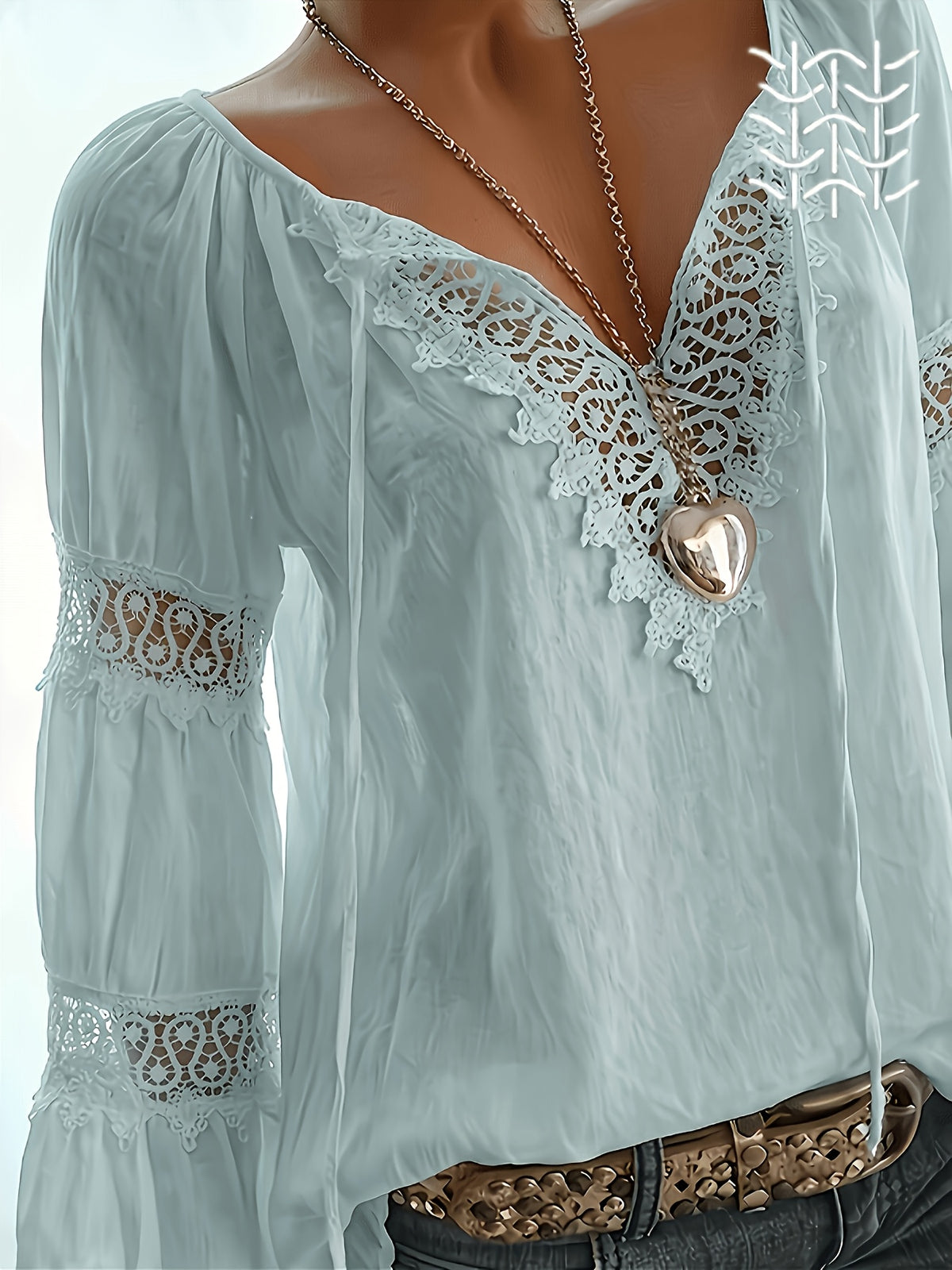 Women's Elegant Lace V-Neck Blouse Shirt - Solid Color Long Sleeve Blouse with Lace Collar & V-Neck, Machine Washable Suitable for Commuting, Office, Weddings, Spring Summer Fall Wardrobe Essential, Non-Stretch Professional Attire - Light Blue