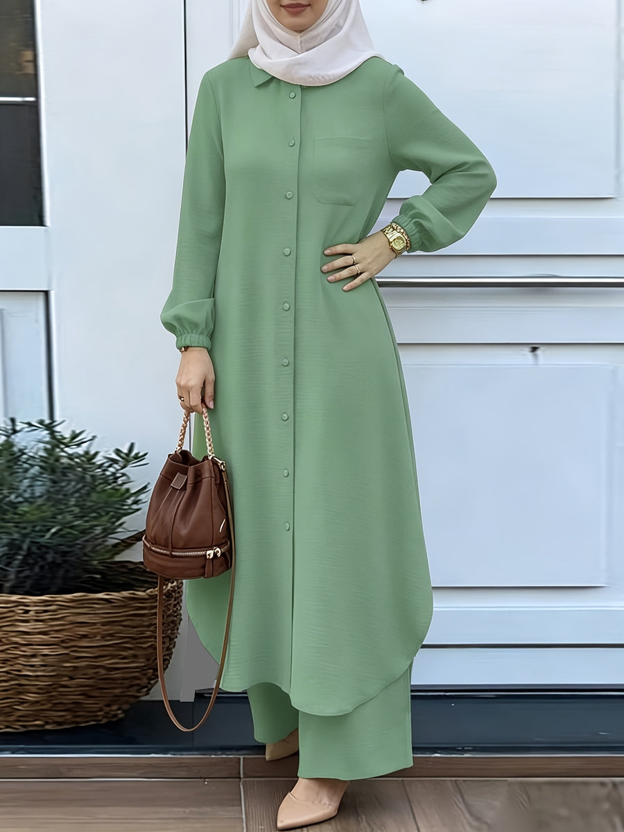 Middle Eastern Ethnic Style Muslim Button-Front Lantern Long Sleeve Slit Elegant Dress, Festive Ramadan Party Loose Trousers, Saudi Arabia Style Comfortable Casual Solid Color Two-Piece Set Without Headscarf, Summer Solstice - Green