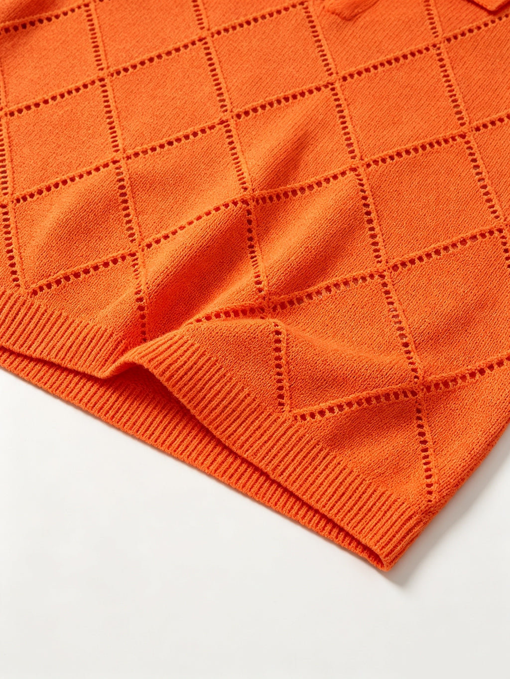 Men's Polo Collar Short Sleeve Knit Shirt, Textured Knit Top, V-Neck Lapel, Breathable Casual Pullover - Orange-Red