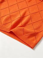 Men's Polo Collar Short Sleeve Knit Shirt, Textured Knit Top, V-Neck Lapel, Breathable Casual Pullover - Orange-Red