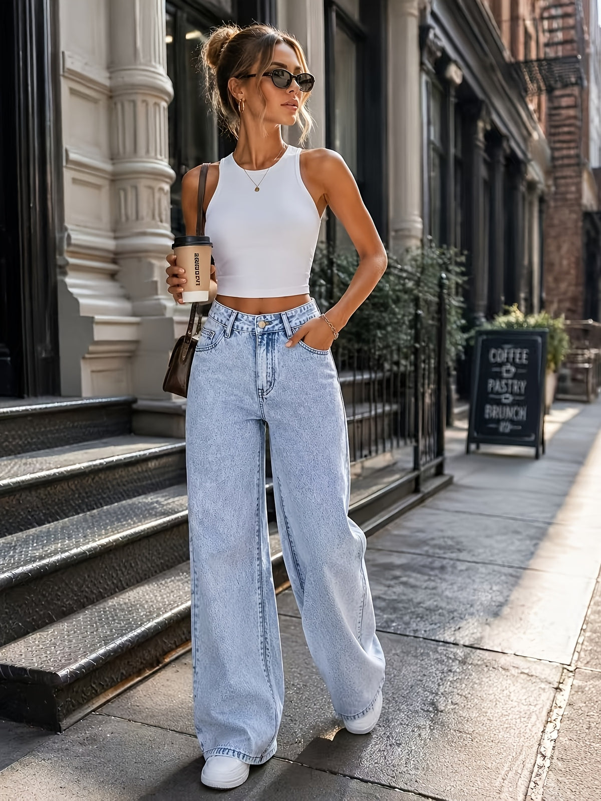 Women's Bright-Colored Stretch Loose Straight-Leg Casual Outing Trendy Denim Pants - Light Blue