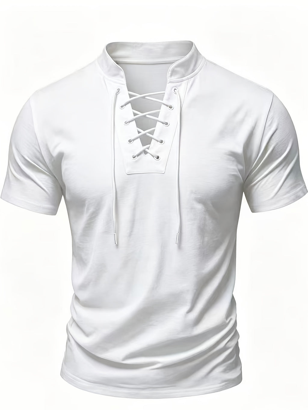 Summer Latest Men'S Individual Design Stand-Up Collar T-Shirt, Fashionable Western Style Trendy High Street Short Sleeve - Salt White