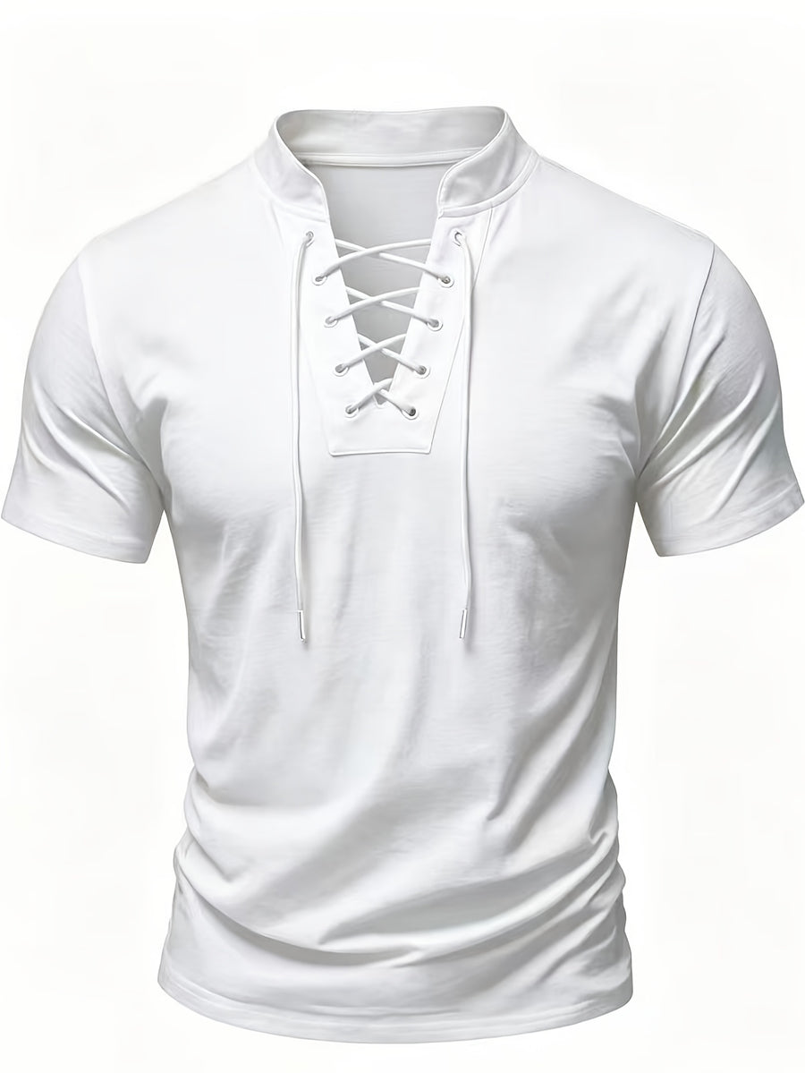 Summer Latest Men'S Individual Design Stand-Up Collar T-Shirt, Fashionable Western Style Trendy High Street Short Sleeve - Salt White