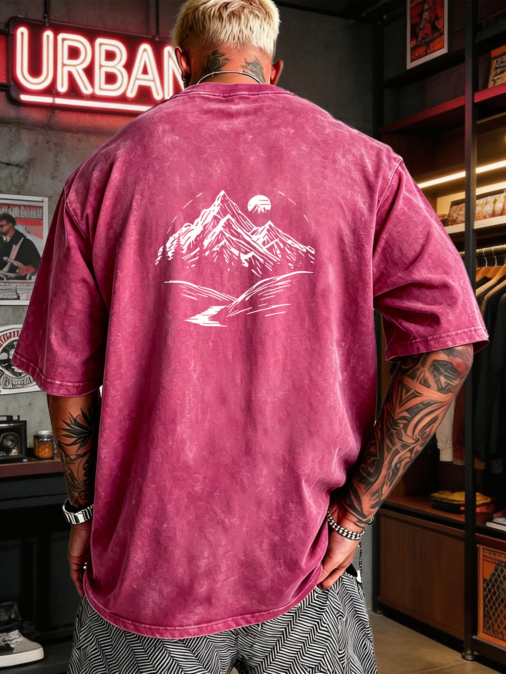 Men's Heavyweight T-Shirt Washed Distressed Fashion Print 2026 Summer New Urban High Street Hiphop Style Vintage Acid Wash Casual Gym Workout Top Pure Cotton Breathable Base Shirt - Rose Red