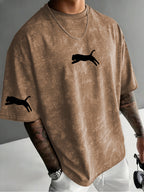 American Retro Distressed Short Sleeve T-Shirt, Men'S Trendy Cheetah Print Regular Oversize Street Casual Top - Coffee Brown