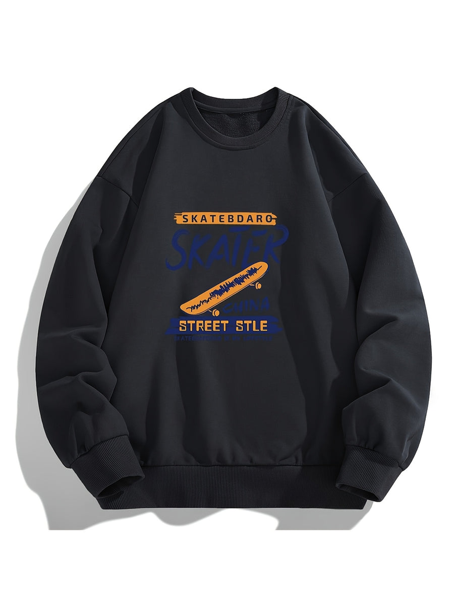 Men'S Crew Neck Sweatshirt, Spring And Autumn Skateboard Street Style Printed Pullover Top, Youth Loose Casual Versatile Long Sleeve Base Shirt - Black