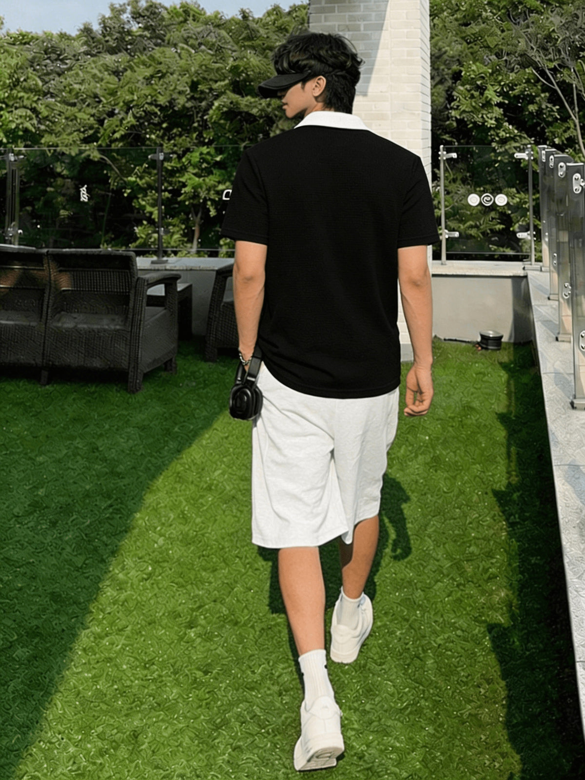 [Yulemi] Korean Casual Style Black And White Color Block Waffle Polo Shirt Men'S Design Sense Slanted Buckle Lapel Short Sleeve T-Shirt Loose Casual Top - Black
