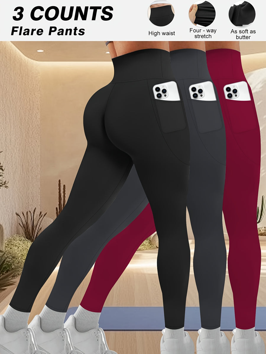 Plus Size - Plus Size - Set of 3 Plus-Size High-Waisted Tight Leggings for Women, Suitable for Outdoor And Workouts. The Fabric Is Highly Elastic, Providing Tummy Control And a Effect. Features Side Pockets for Phone Storage - 1 Black 1 Dark Gray 1 Wine Red