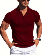 KJ-P6-V Summer Beach Athletic Style Polo Shirt Men'S Vertical Striped Collar Short Sleeve Fitness Casual Versatile T-Shirt 3pcs Set - Dark Gray Red Light Gray