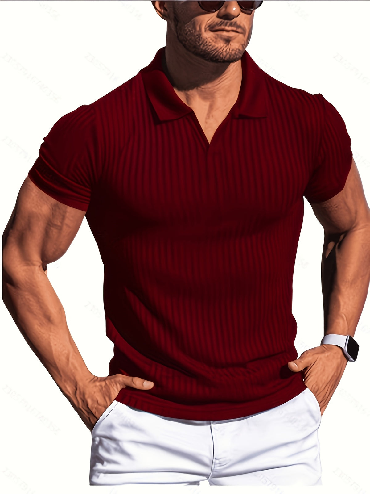 KJ-P6-V Summer Beach Athletic Style Polo Shirt Men'S Vertical Striped Collar Short Sleeve Fitness Casual Versatile T-Shirt 3pcs Set - Dark Gray Red Light Gray