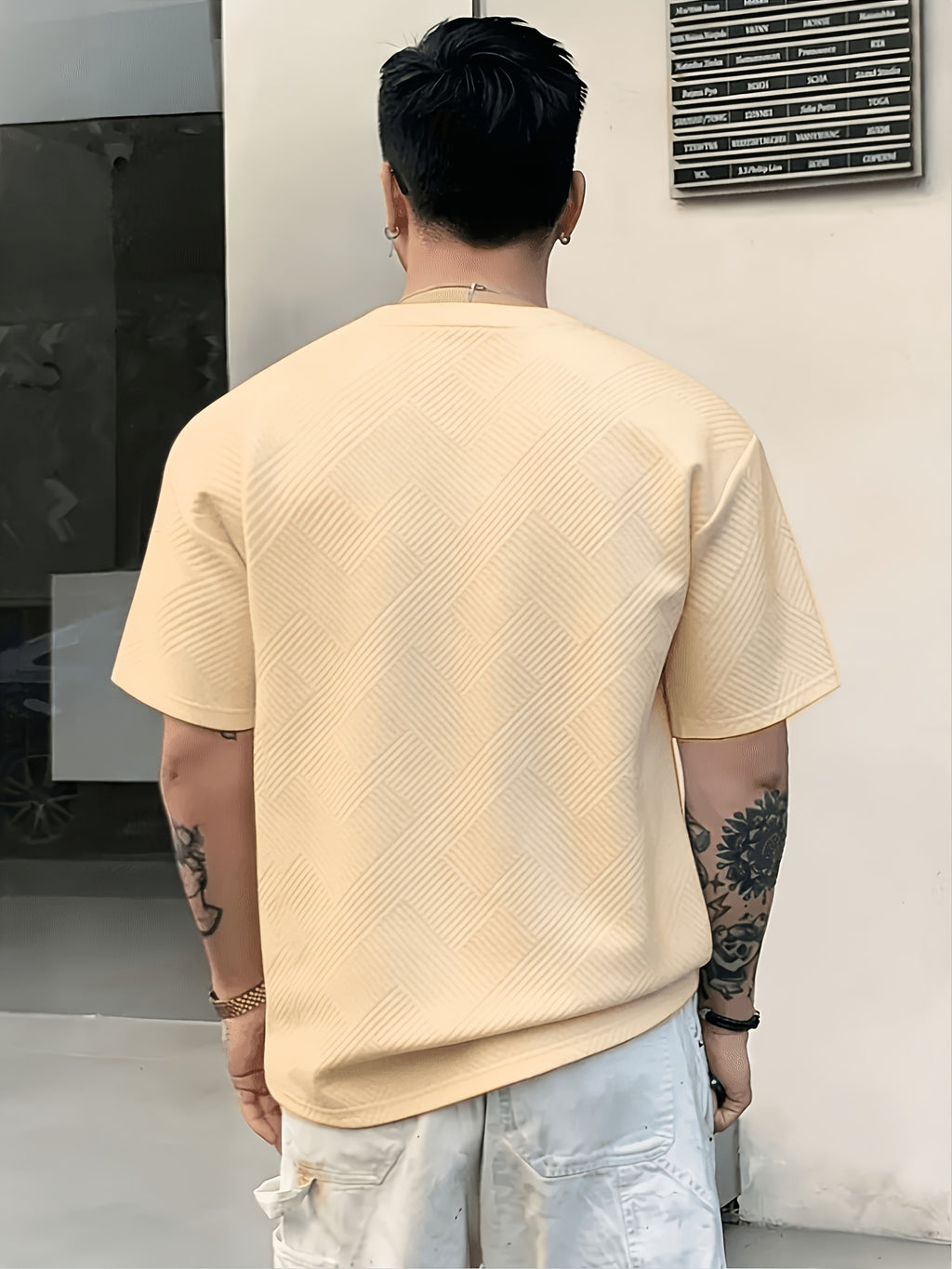 [Villa Le Water OBM] 3pcs Set Men'S Summer Fashion Round Neck T-Shirt, 3D Geometric Pattern Men'S Top, Comfortable And Versatile Short Sleeve, Suitable for Outdoor Street, Daily Casual, Outdoor Sports - White+Apricot+created-sapphire