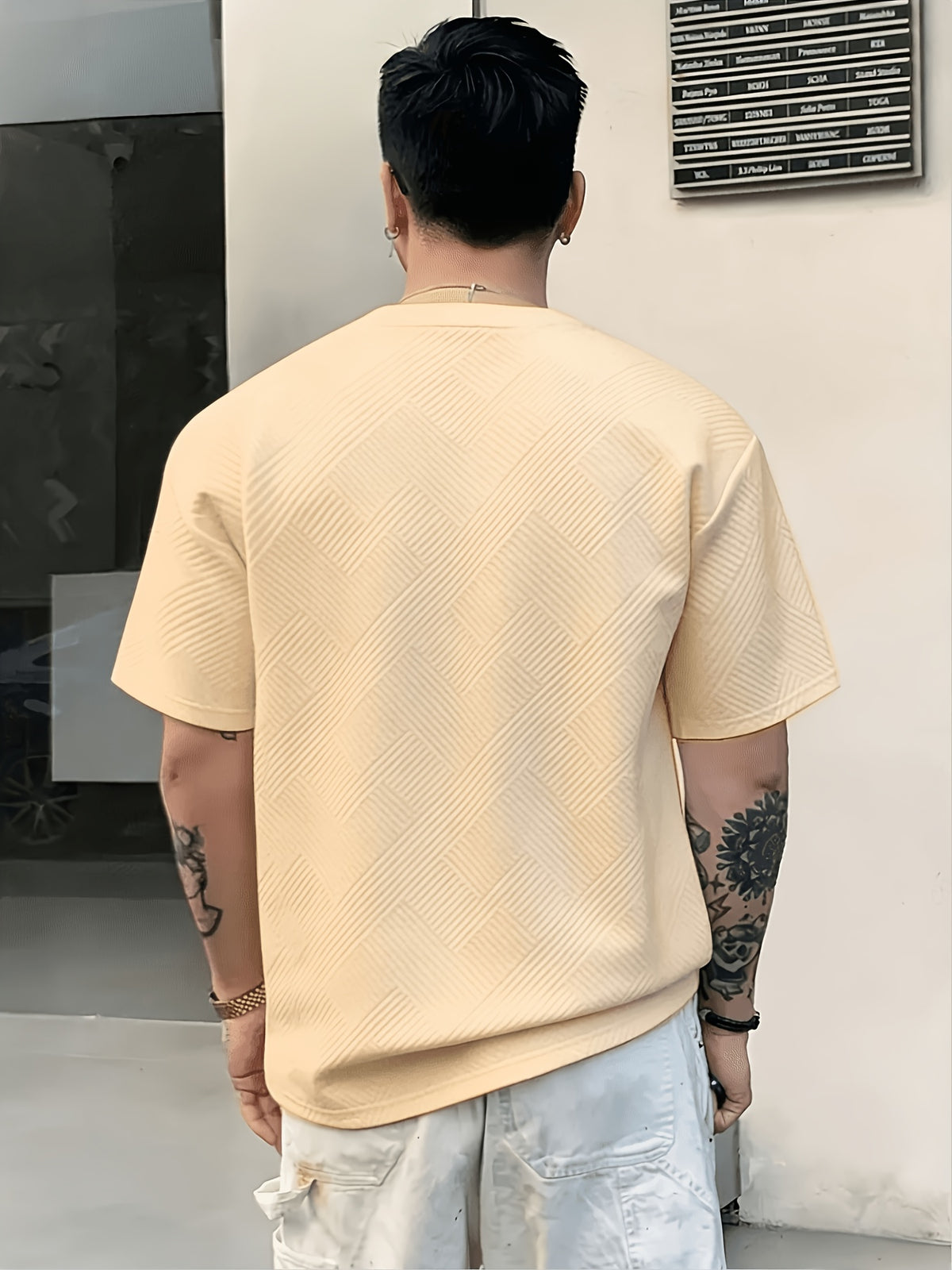 [Villa Le Water OBM] 3pcs Set Men'S Summer Fashion Round Neck T-Shirt, 3D Geometric Pattern Men'S Top, Comfortable And Versatile Short Sleeve, Suitable for Outdoor Street, Daily Casual, Outdoor Sports - White+Apricot+created-sapphire