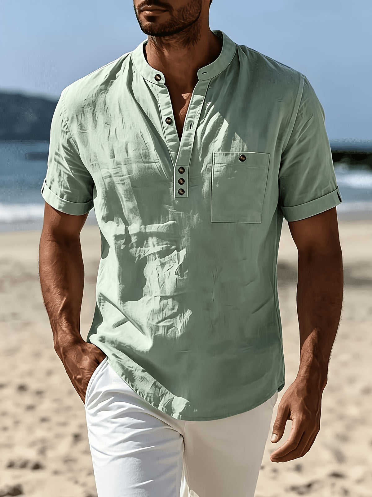 Men's Fashionable Polo Collar Breathable and Comfortable Casual Short-Sleeve Shirt - Light Green