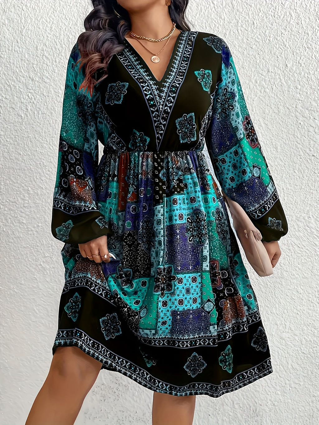 Plus Size - Plus Size - Bohemian Style Plus-Size V-Neck Lantern Sleeve Dress with Elegant Geometric Patterns - Dark Cyan