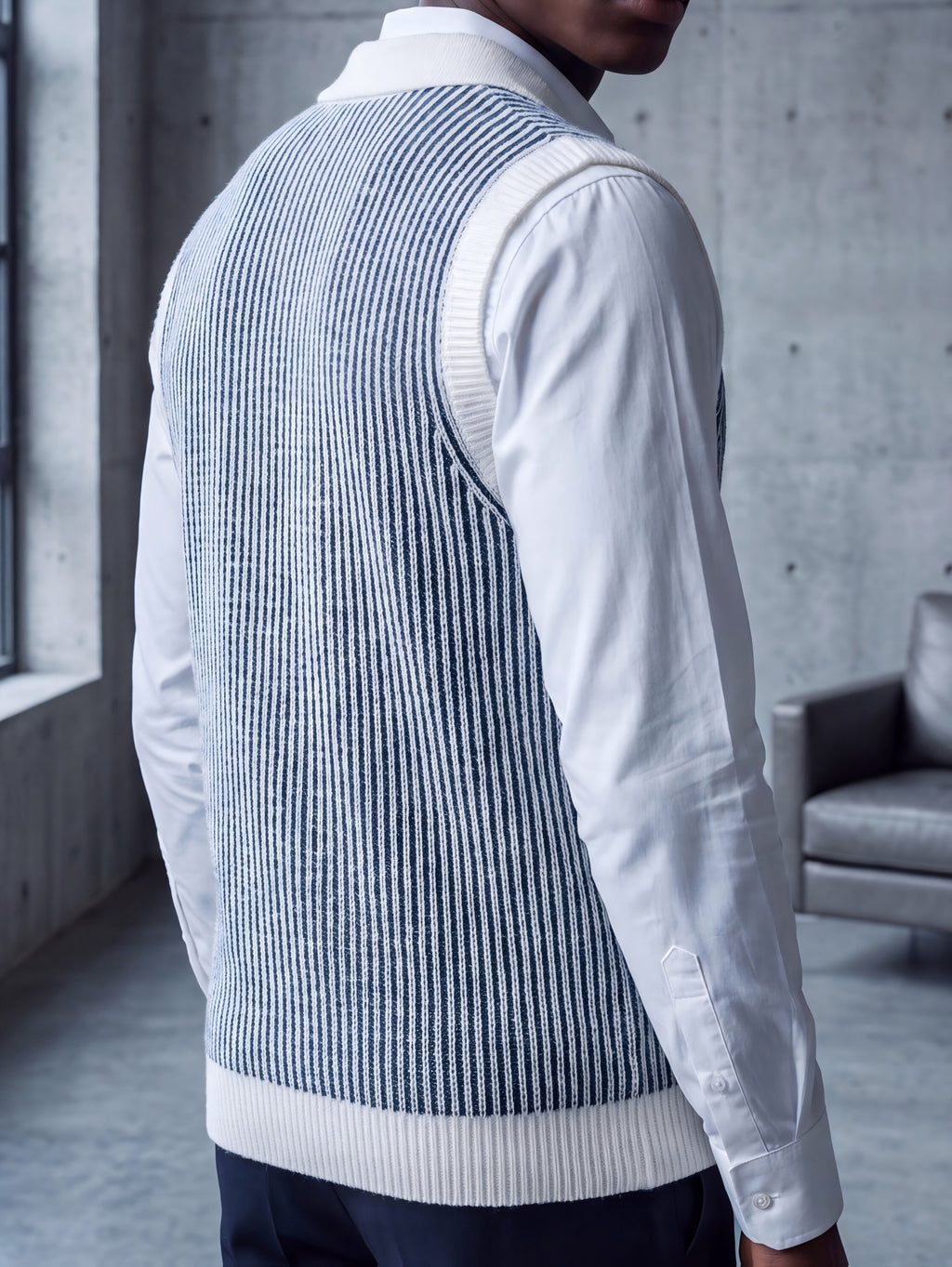 Western Men'S Urban Easy Business Style, Thick Warm Retro Color-Block Vertical Stripe Polo Neck Knit Vest, Spring/Autumn All-Match Layering Sweater Waistcoat - White