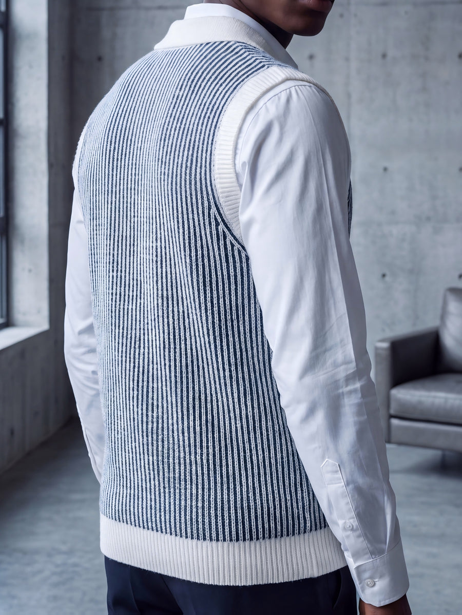 Western Men'S Urban Easy Business Style, Thick Warm Retro Color-Block Vertical Stripe Polo Neck Knit Vest, Spring/Autumn All-Match Layering Sweater Waistcoat - White